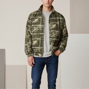 Vintage Green Bomber Lightweight Zip Jacket Size XL Tropical Print Retro